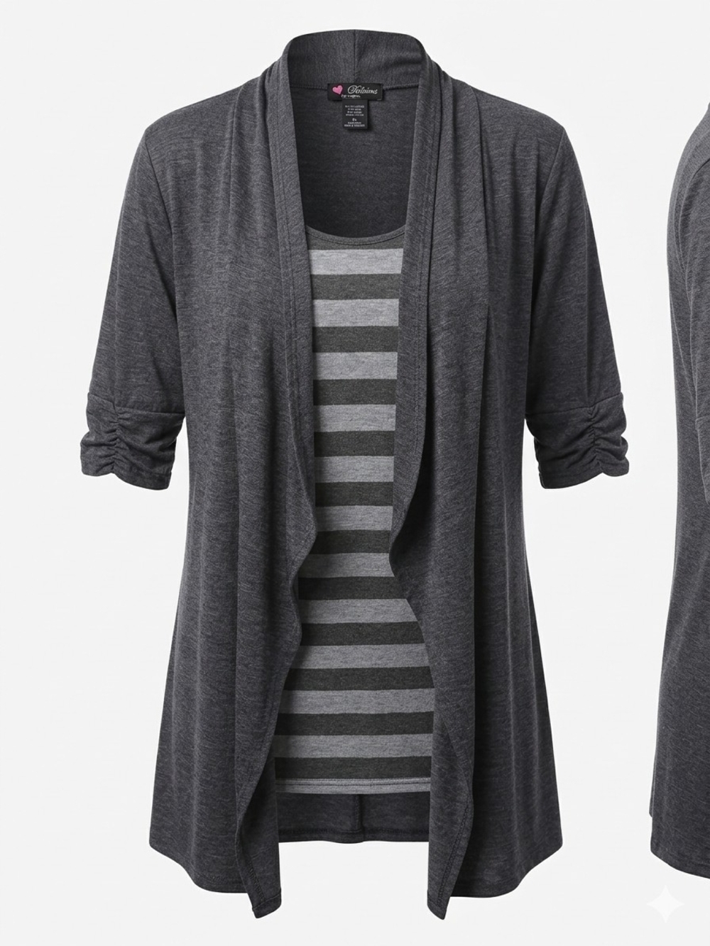 Charcoal Grey Dress Open-Front Cardigan with Striped Tank